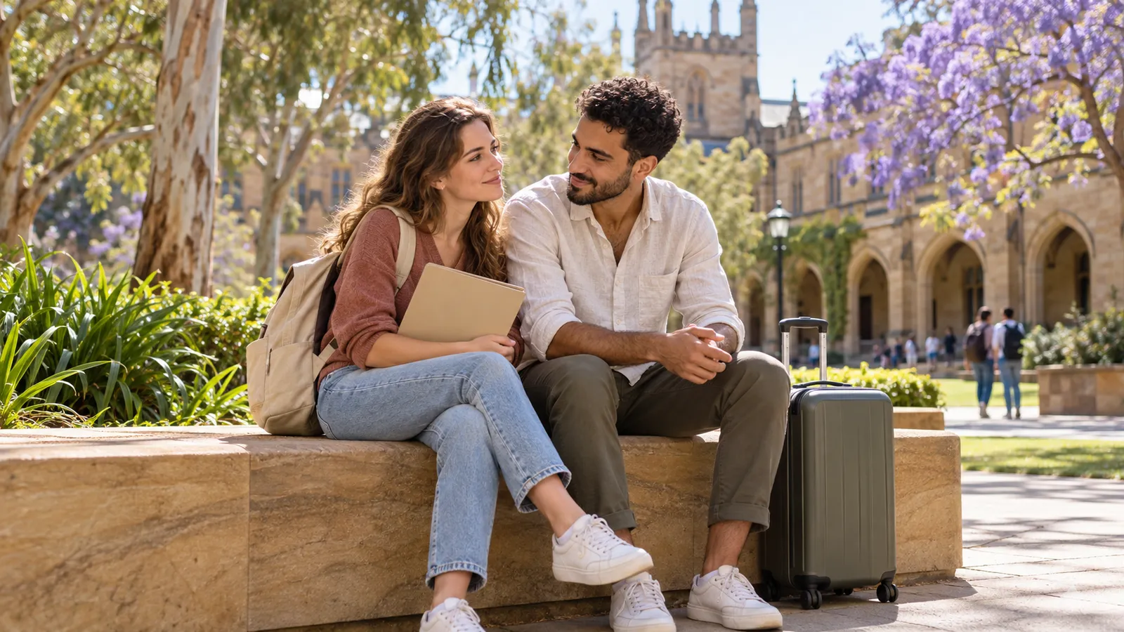 Una pareja charla sentada en un campus universitario australiano, con una carpeta, una mochila y una maleta a su lado.