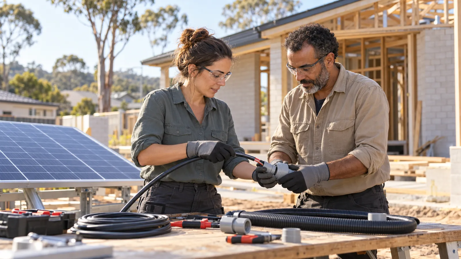 Dos electricistas preparan cables junto a un panel solar frente a una vivienda en construcción en Australia.