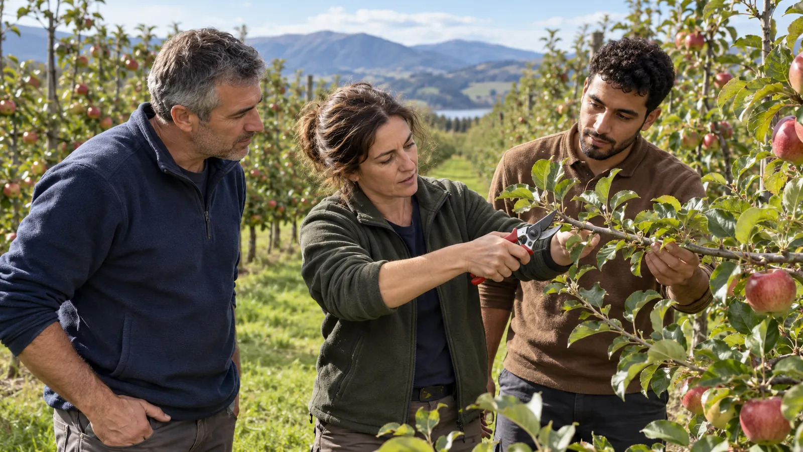 Una mujer enseña a dos compañeros a podar un manzano en una plantación de Nueva Zelanda, con montañas al fondo.
