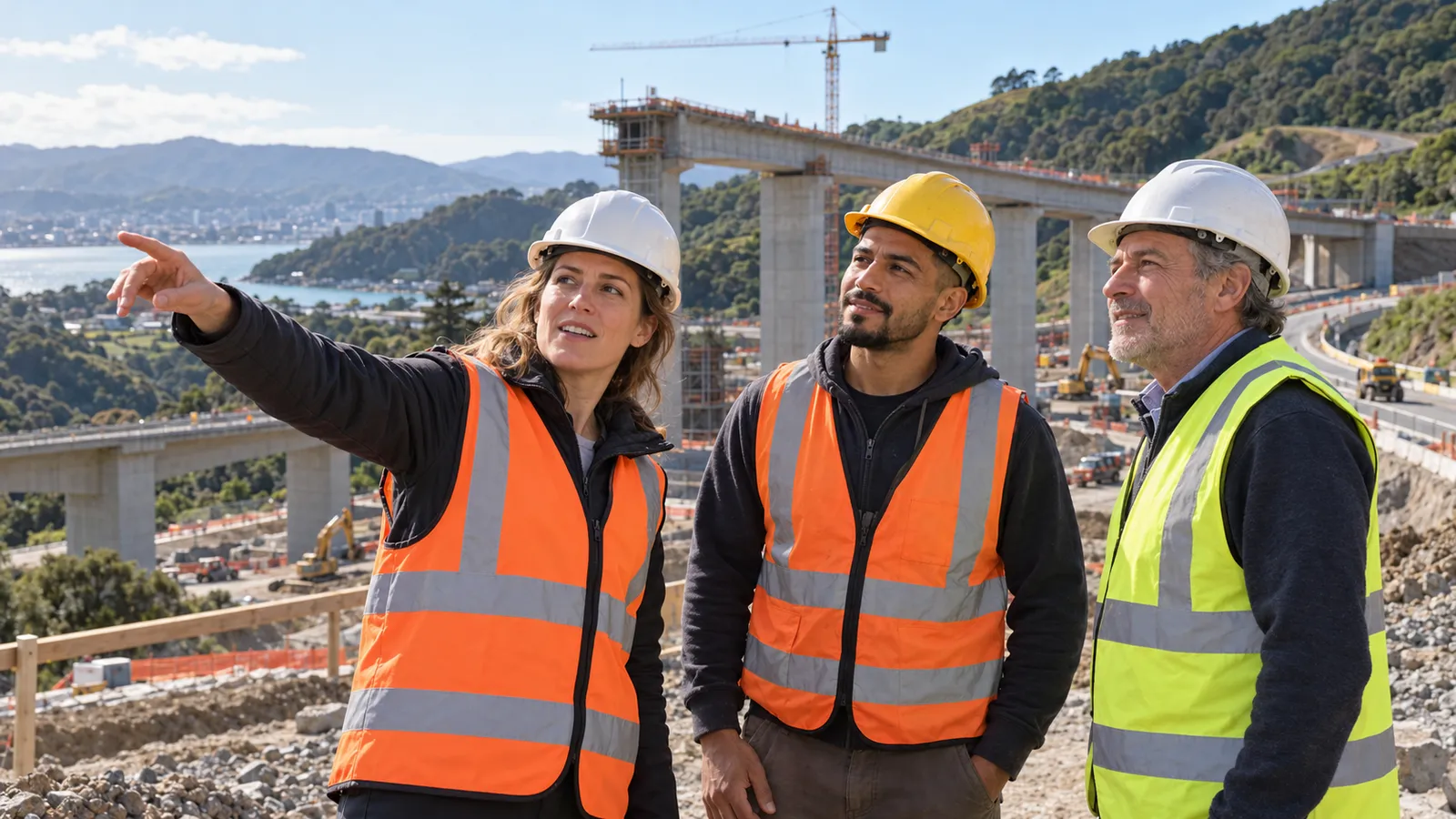 Tres profesionales con cascos y chalecos reflectantes supervisan las obras de un viaducto entre colinas de Nueva Zelanda.