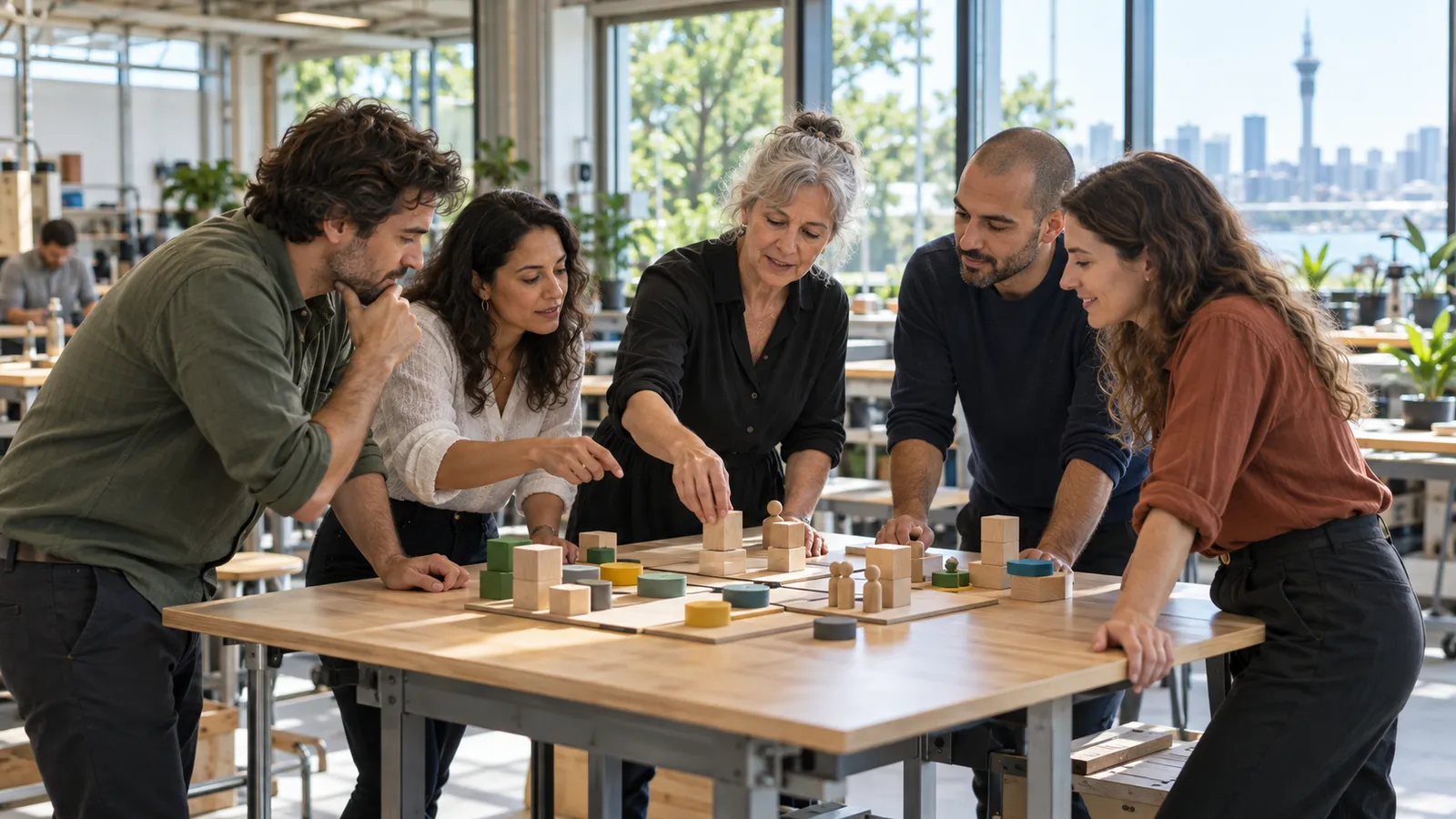 Cinco profesionales colaboran con bloques de madera sobre una mesa en un espacio de trabajo luminoso con vistas a Auckland.
