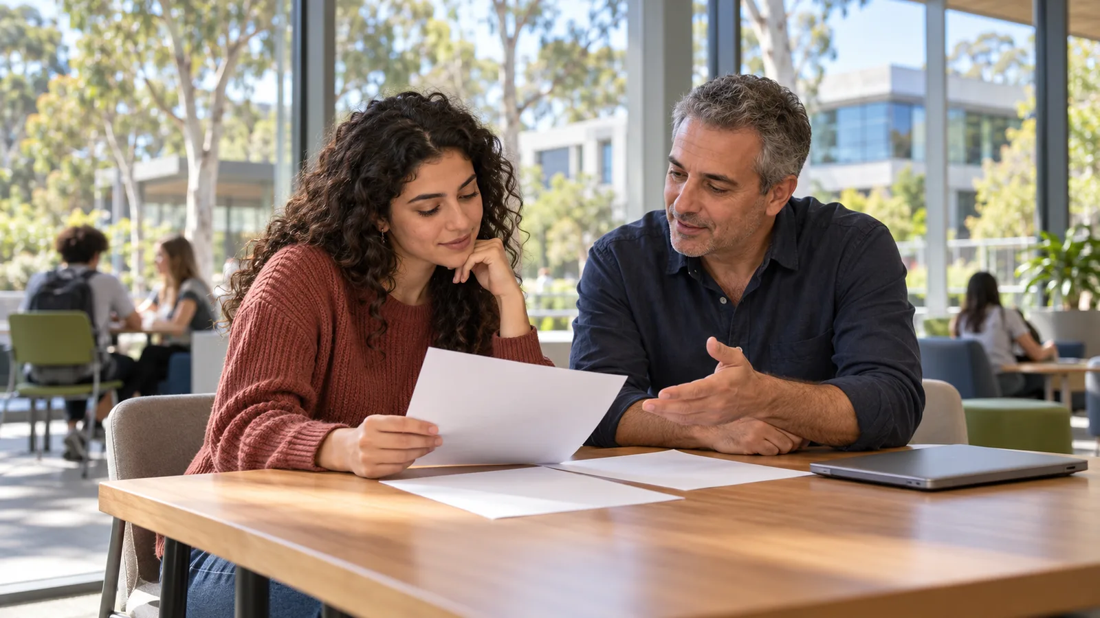Una estudiante española revisa documentos con un asesor en un campus universitario australiano.