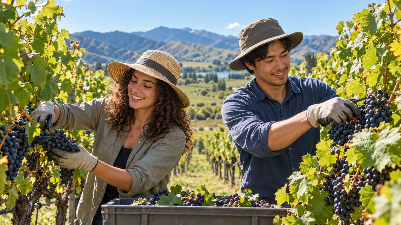 Dos jóvenes con sombreros y guantes recogen uvas en un viñedo de Nueva Zelanda, con colinas verdes al fondo.