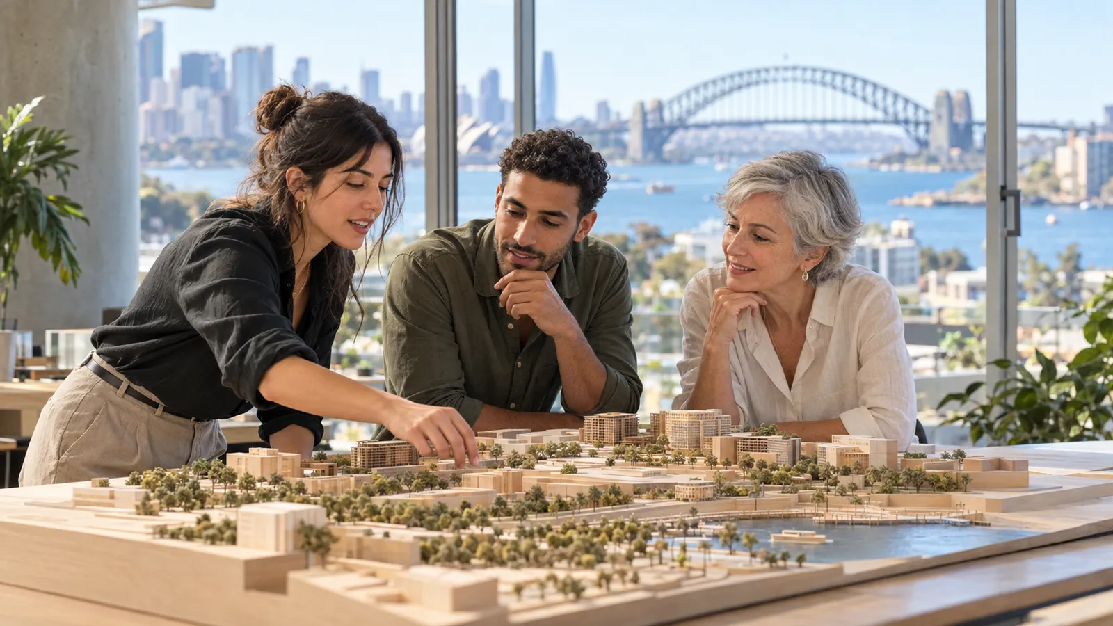Tres profesionales de distintas edades revisan una maqueta urbana en un estudio con vistas al puerto de Sídney.