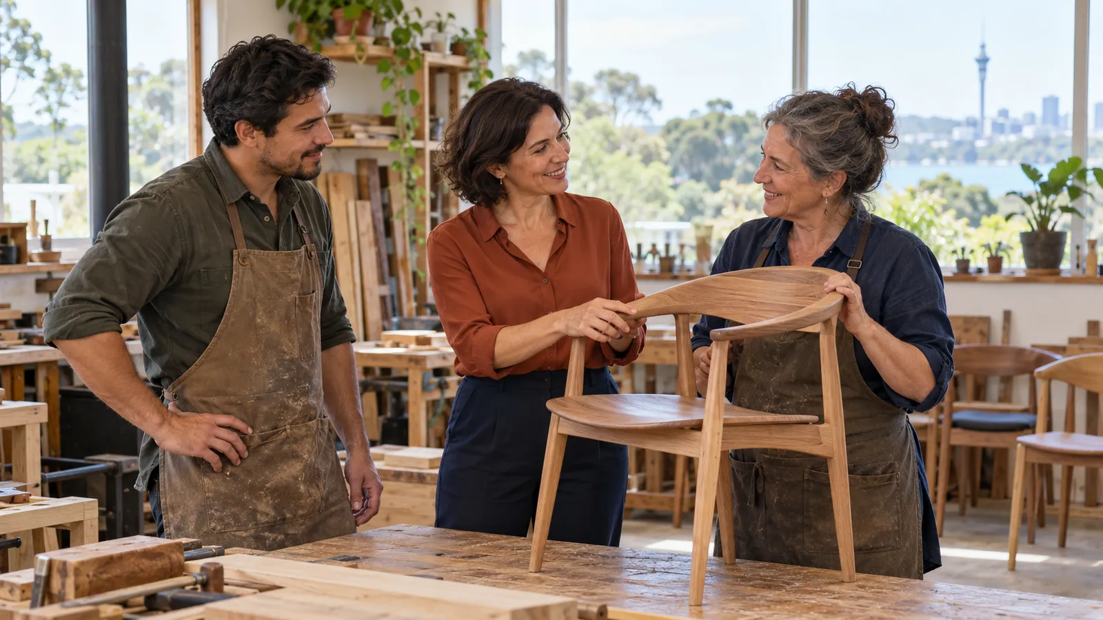 Dos mujeres y un hombre conversan junto a una silla de madera en un luminoso taller de carpintería de Auckland.