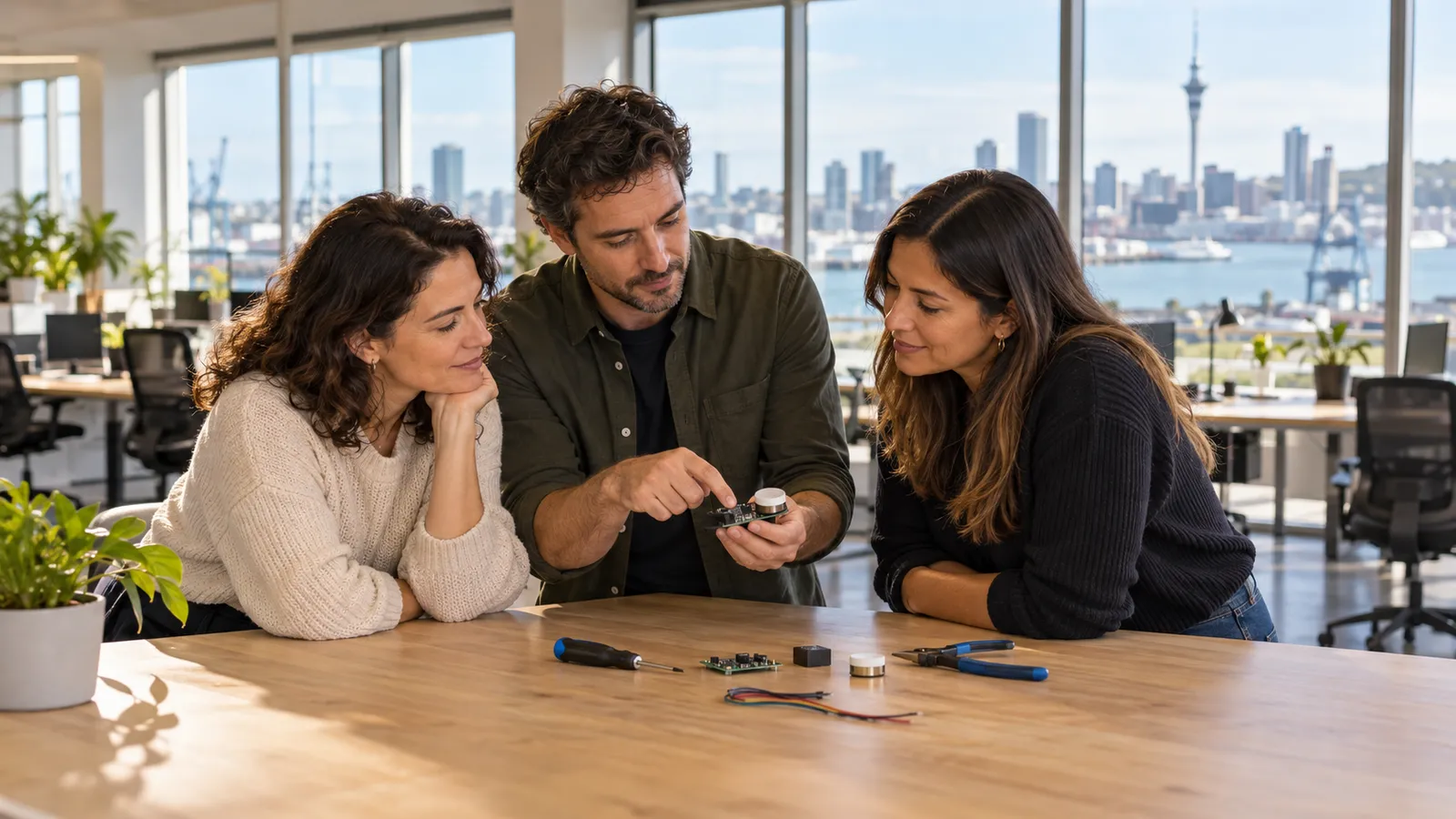 Tres profesionales examinan un prototipo electrónico en una oficina luminosa con vistas al puerto de Auckland.