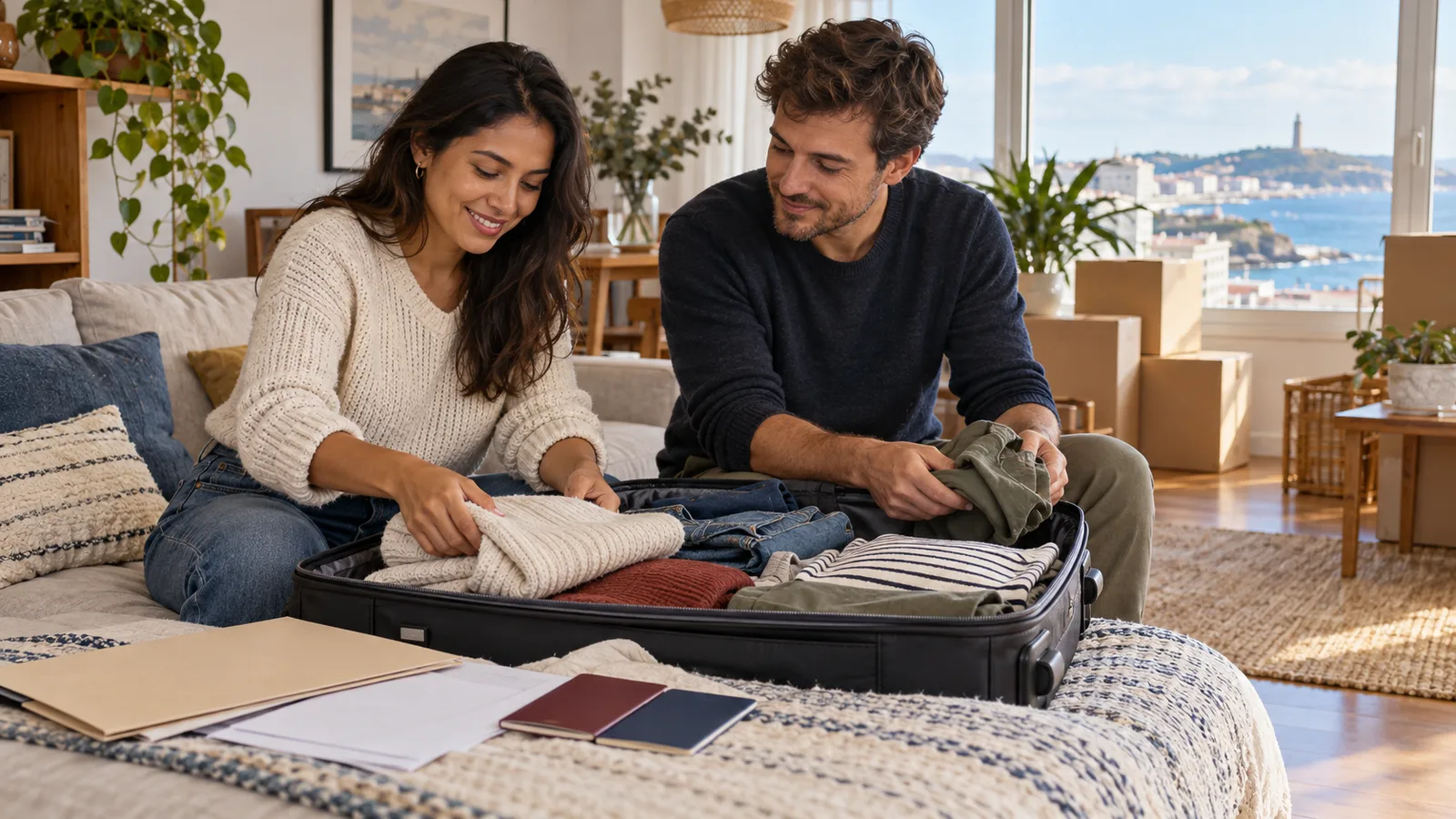 Una pareja prepara una maleta junto a una carpeta, papeles y dos pasaportes en un salón luminoso de A Coruña.