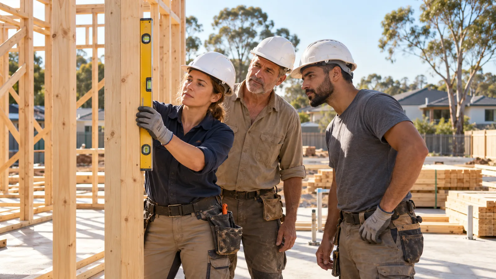 Tres profesionales de la construcción comprueban con un nivel la estructura de madera de una vivienda en Australia.